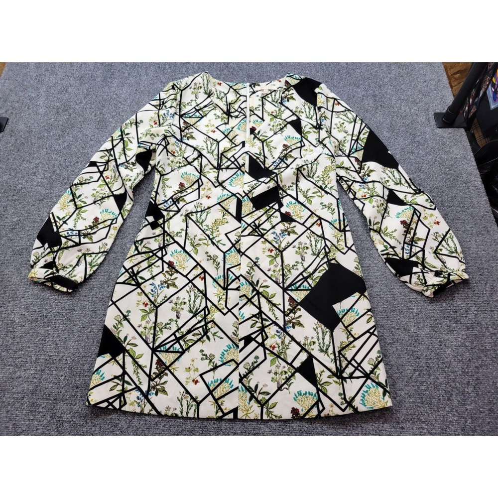WAYF Floral Geometric Long Sleeve Shift Dress White Black Green Size M 9782WCH